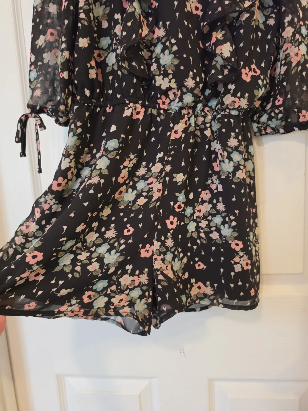 Justice Black Floral Romper with Pink and Blue Blooms Size 10